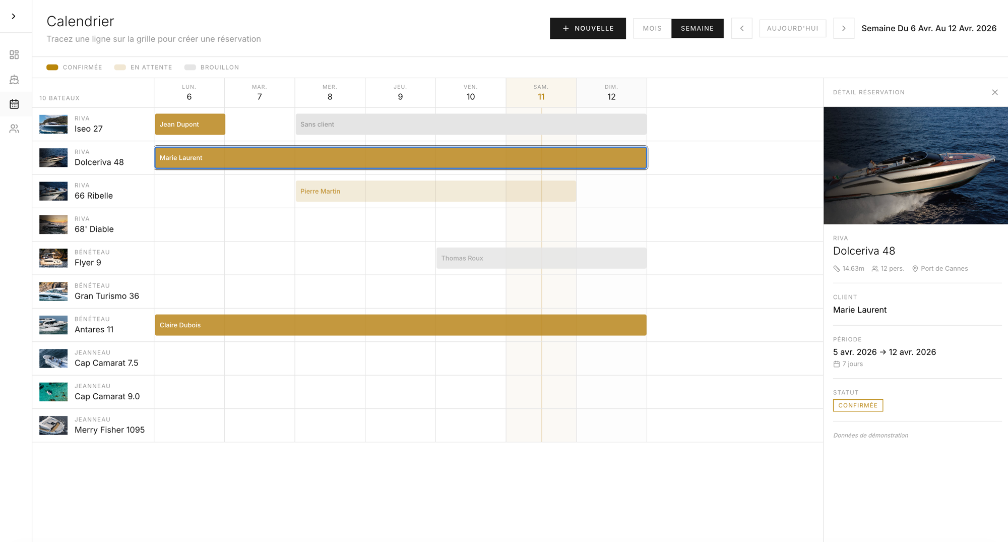 Calendrier Gantt Nautime Location — vue semaine avec barres de réservation et panneau détail