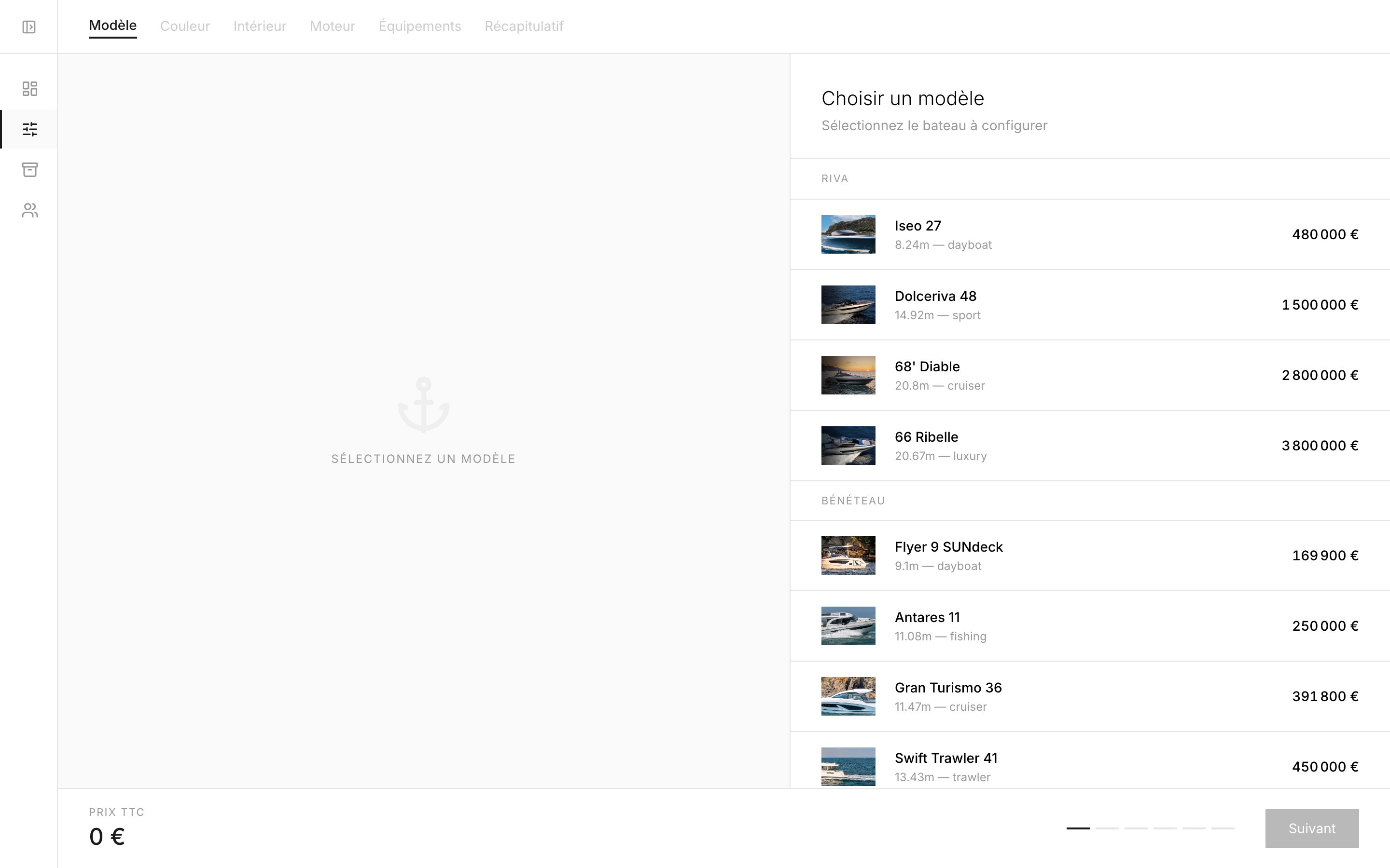 Sélection de modèles dans Nautime — catalogue multi-marques avec prix et caractéristiques