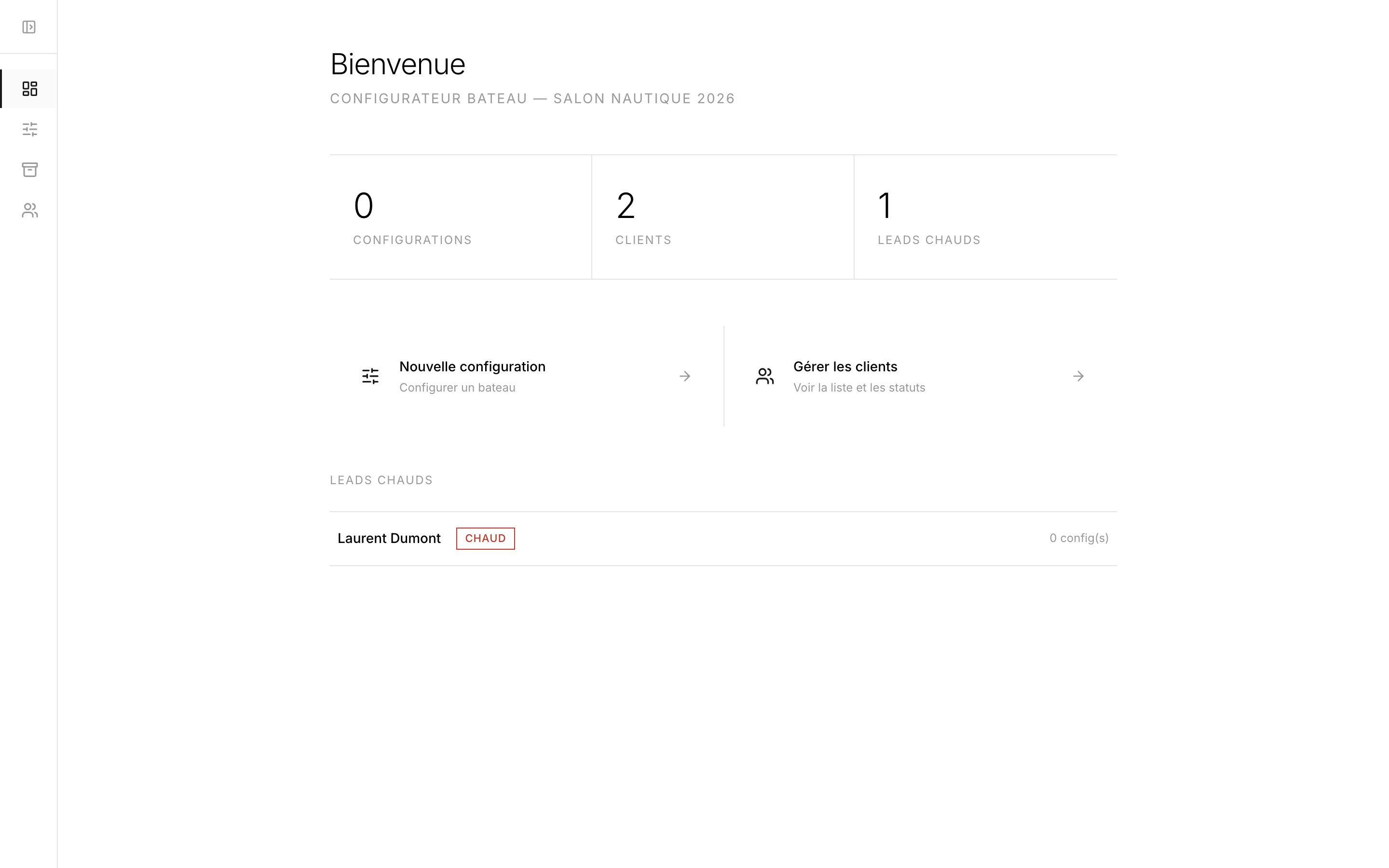 Dashboard Nautime — tableau de bord avec statistiques, actions rapides et leads chauds