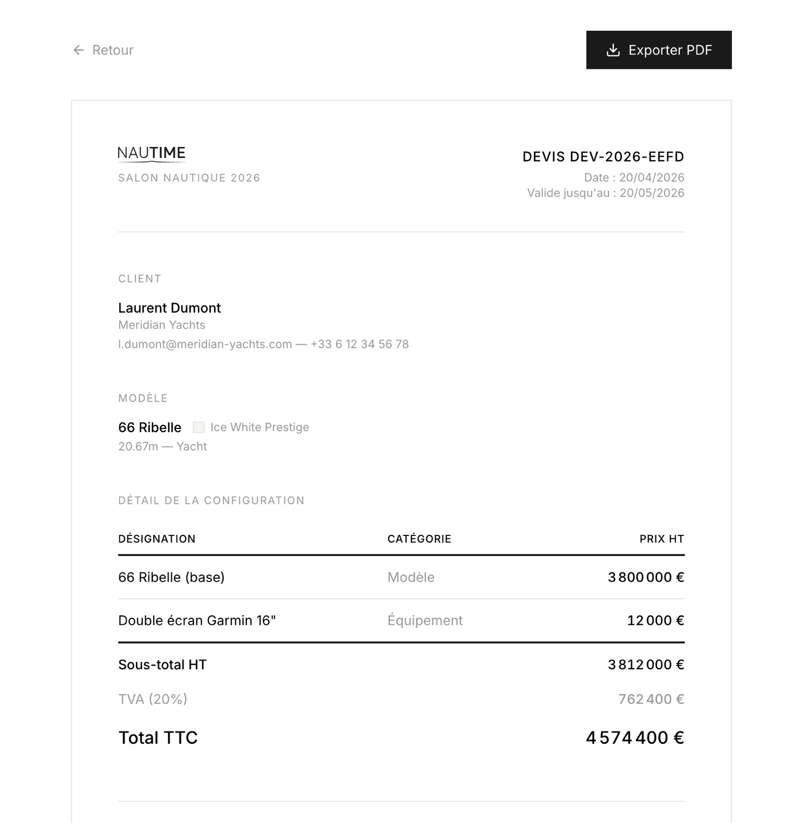 Nautime quote, detailed summary of the 66 Ribelle with pre-tax price, VAT and PDF export