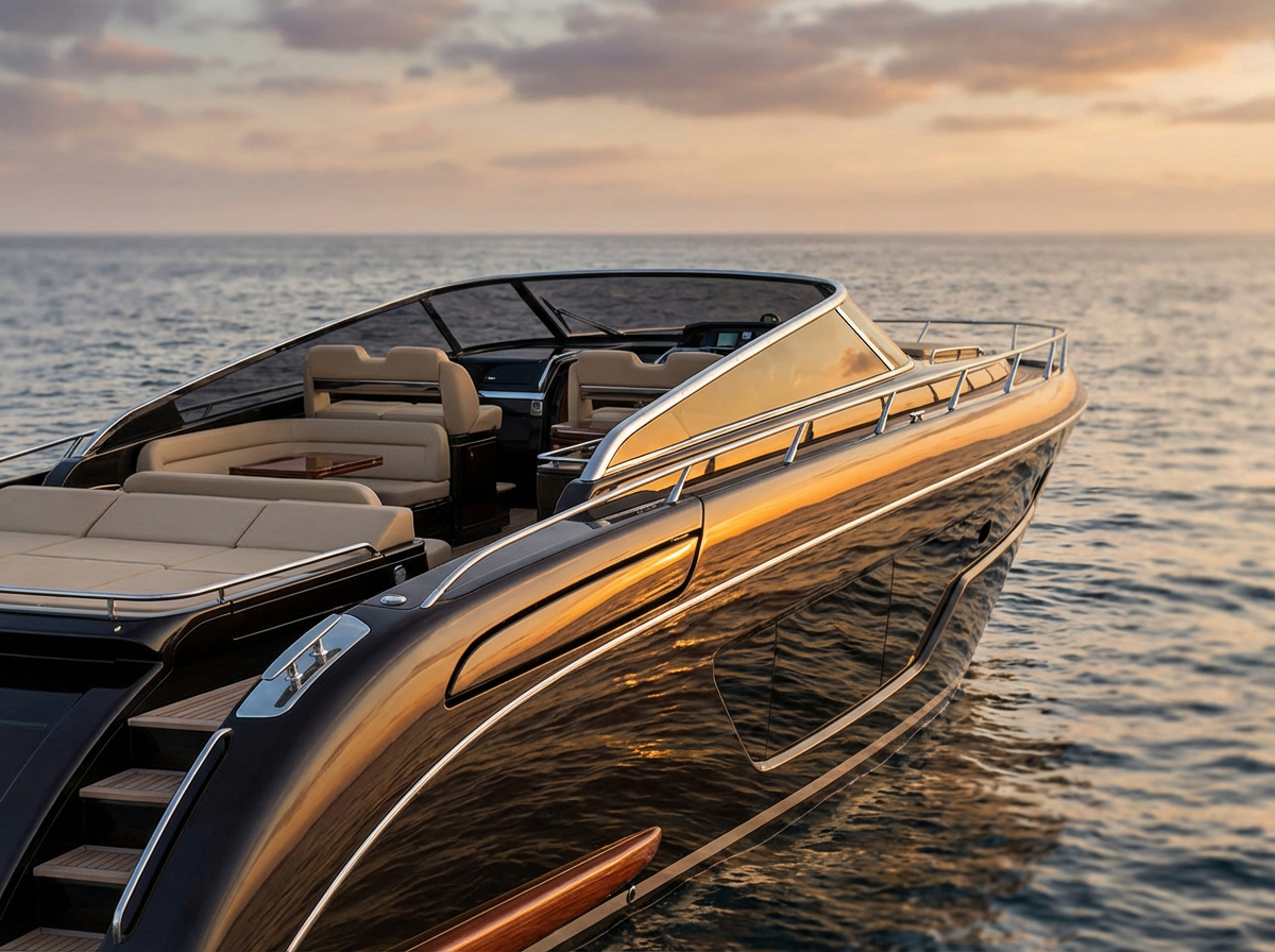 Yacht Riva au coucher de soleil, intérieur teck et cuir, illustration du niveau de finition que Nautime cherche à restituer dans ses configurateurs